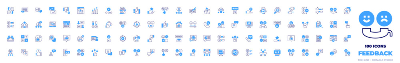 100 Feedback Icons Collection. Bold line style. Duotone colors. chat, badcomment, badfeedback, feedback, negativereview, rating, thumbup, review, accountable, sad
