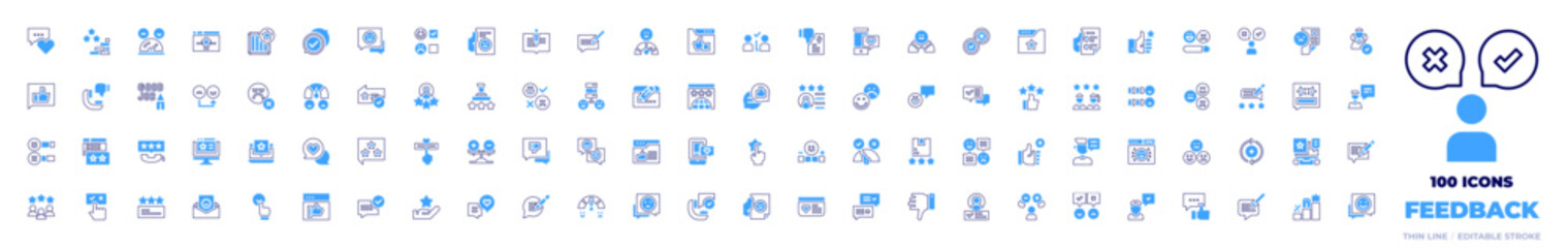 100 Feedback Icons Collection. Bold line style. Duotone colors. like, satisfaction, satisfied, rating, feedback, goodreview, rate, complaint, review, evaluation