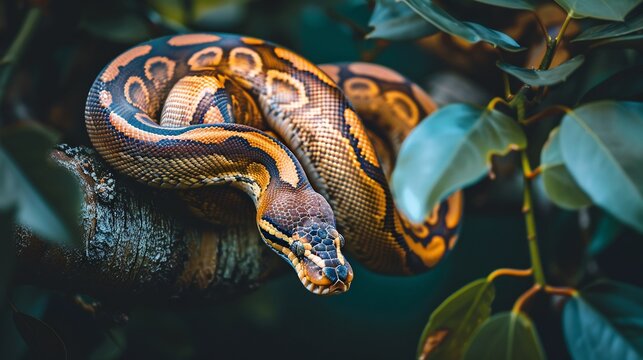 Massive python curled around a tree branch half hidden in the dark jungle canopy