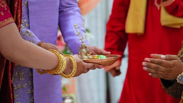 Indian Hindu Rituals that performed during holy wedding ceremony. Close up shot of part of wedding ceremony