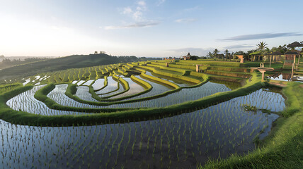 Serene terraced rice paddies vibrant green tranquil morning light