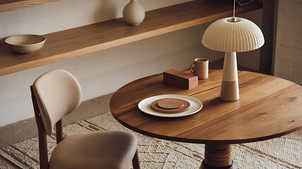 Warm minimalist dining table setting Natural wood neutral tones simple design