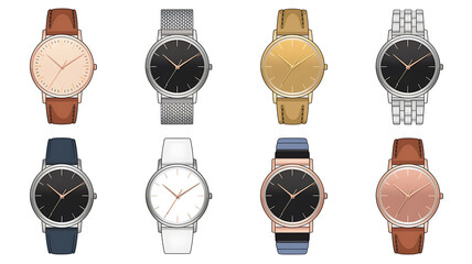 Stylish wristwatches in various colors and band styles Flat lay minimalist design