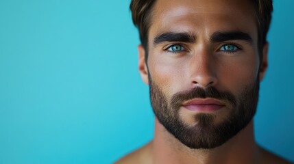 Obraz premium Confident man, blue eyes, teal background, portrait