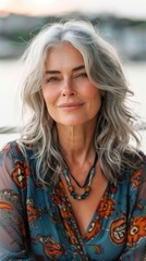 Mature woman with silver hair, outdoor portrait,  ocean view