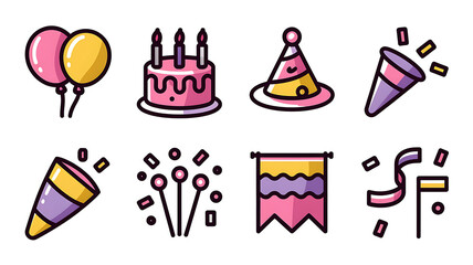 Cute flat design birthday party icons