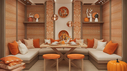 Warm autumnal corner dining nook with orange accents