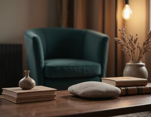 A cozy corner with earthy tones and minimal decor