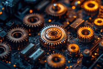 Complex gears and circuits, close-up, futuristic.  Background illuminated.  Possible use Technology concept