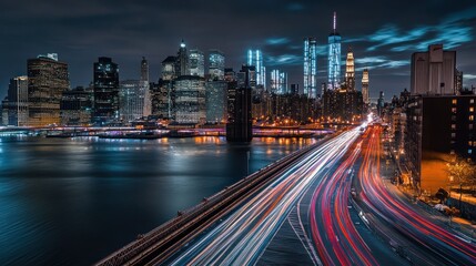 Fototapeta premium NYC Skyline at Night, City Lights, Traffic Trails, Stock Photo