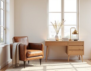 Stylish home office with warm leather chair and elegant desk