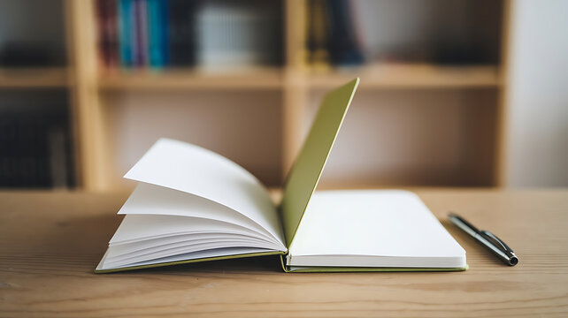 Open notebook blank pages pen wooden table study work inspiration ready to write