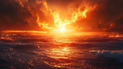 A fiery sunset over a turbulent ocean creates a dramatic and intense landscape with blazing orange and red colors illuminating the waves.