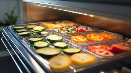A modern stainless steel dehydrator filled with neatly arranged vegetable slices