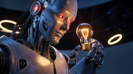 Futuristic robot with a lightbulb idea