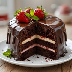 The soft chocolate cake, filled with creamy goodness, is covered in a shiny chocolate glaze that glistens invitingly. Just one bite releases a sweet aroma that fills the air.