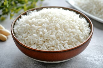 A brown bowl filled with fluffy white cooked rice