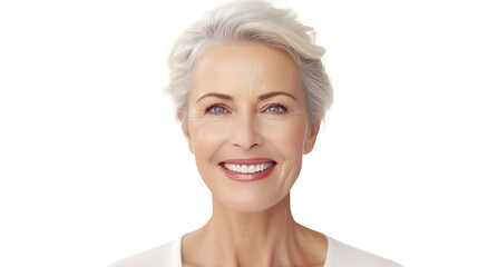 Graceful 50s Woman with Bright Smile on PNG Transparent Background. Ageless Beauty, Self-Care
