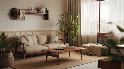 Cozy living room interior with a neutral color palette and mid-century modern style