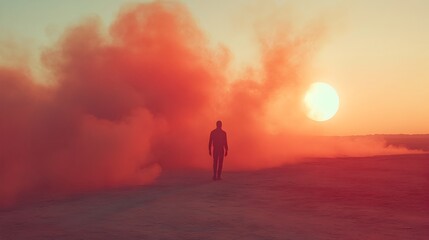 A lone man walks towards a fiery sunset shrouded in a massive red dust cloud across a desolate landscape.
