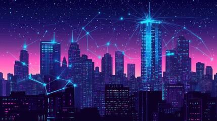 Fototapeta premium Futuristic city skyline at night, interconnected buildings, glowing network, background starry night, for technology, design, and art