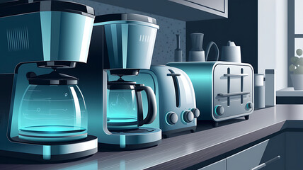 Modern kitchen appliances lined up on a countertop.

