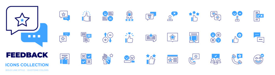 Feedback icon collection. Bold line style. Duotone colors. user, feedback, like, disagree, smartphone, review, rating, opinion, chat, employee, unlike, audience