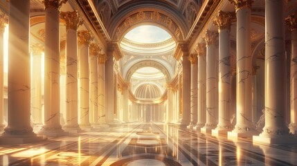 Sunlit, Majestic Marble Hallway, Columns, Archways, Interior Design