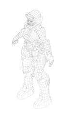 A woman in a black suit stands in front of a white background. The suit is black and white, and the woman's face is obscured by the suit