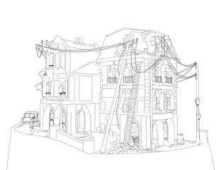 A drawing of a house with a car parked in front of it. The house is old and has a lot of windows