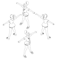 Four girls are standing in a circle. The girls are wearing white and black outfits. The girls are all facing the same direction. Isometric view