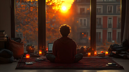 Person meditating by window, golden hour