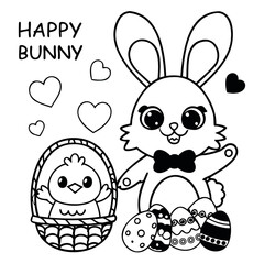 Cute Easter bunny with colorful eggs celebrating spring, Cute Easter bunny with colorful eggs celebrating spring