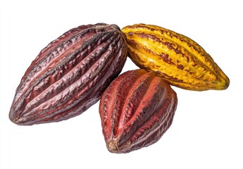 Three cacao pods, various colors, showing rich, vibrant hues of red, dark brown, and yellow