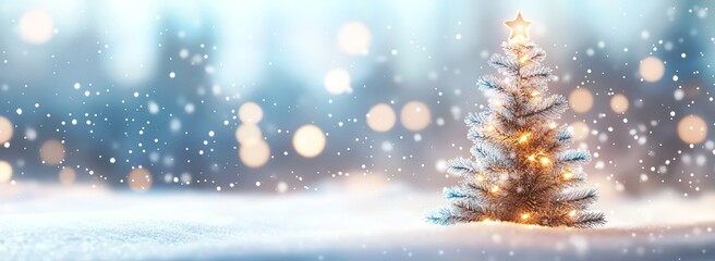 Naklejka premium Glowing Christmas Tree with Star in Snowfall Background for Holiday Season