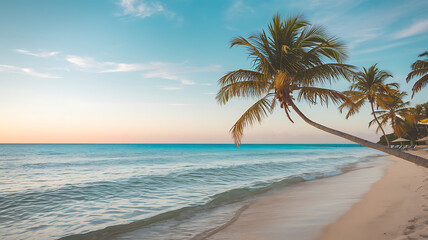 Tropical beach paradise at sunset Calm ocean palm trees soft sand