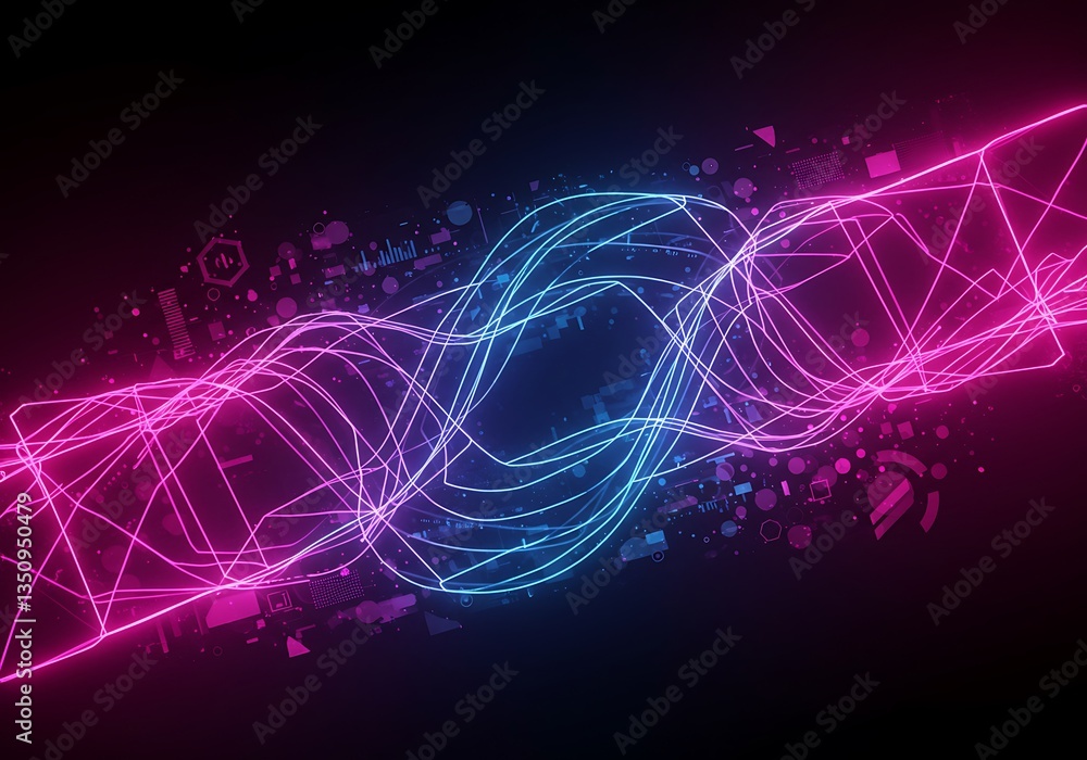 Aufkleber abstract neon light waves with glowing data stream and geometric shapes