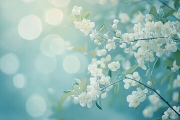 Fototapeta premium Close up of a blooming branch with white flowers against a bokeh filled blue background