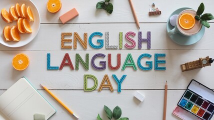 A visually appealing English Language Day tribute with study-related objects.
