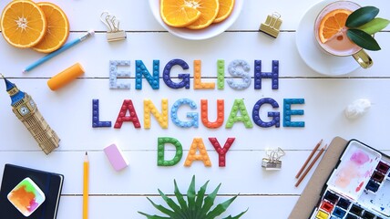 English Language Day concept with colorful words, pencils, and educational symbols.