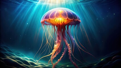 Fototapeta premium An ethereal jellyfish, illuminated by sunbeams penetrating the deep ocean, gracefully floats amidst undulating seabed.