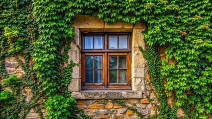 ivy-covered house wall with old window , outdoors, stone,  outdoors, stone, decay, nature, wood, branches, green, plant