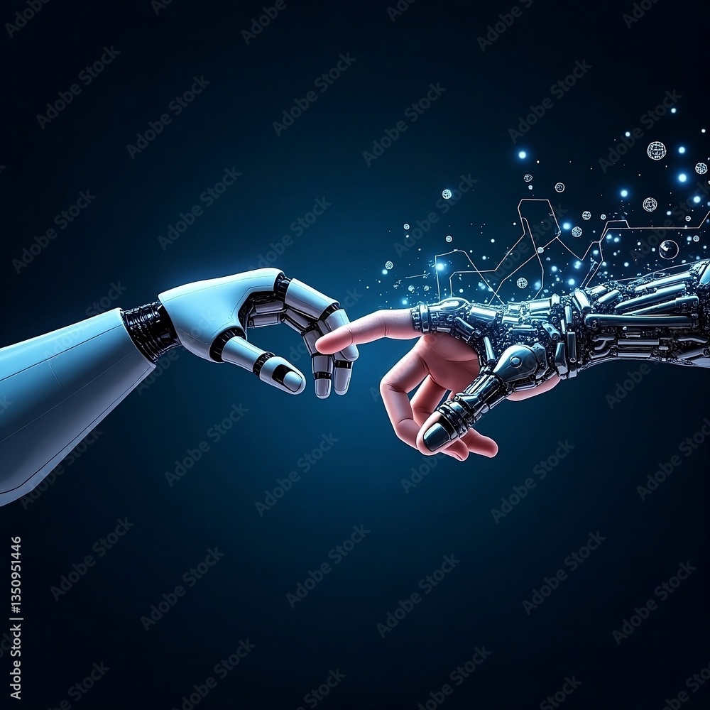 Poster ai, machine learning, hands of robot and human touching on big data network connection background, s