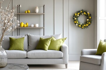Modern living room with subtle spring accents.  A light gray sofa and accent chair are complemented by lime green pillows and a decorative wreath.