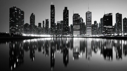 Fototapeta premium City skyline at night, reflected on water, urban scene, potential stock photo