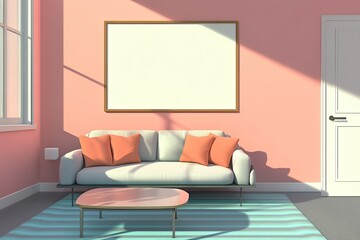 Modern living room with a blank canvas, soft peach hues, and natural light