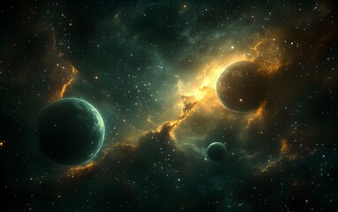 Obraz premium A breathtaking cosmic scene reveals two vibrant exoplanets led within a swirling nebula of gold and emerald hues amidst a star-dusted expanse.