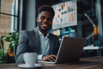 Fototapeta premium A positive-minded young entrepreneur in a stylish, modern office. His open laptop sits beside a coffee cup, symbolizing a meticulous approach to financial planning.