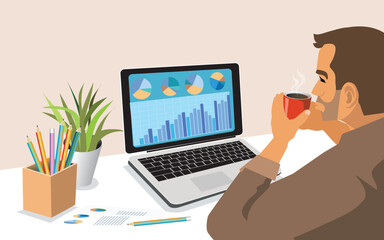 Business man holding coffee cup  and Looking At business Graph On The Computers In The Office. vector