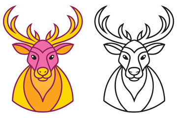 A Colorful and Line Art Drawing of a Reindeer Head with Large Antlers